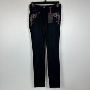 NWT Maison Scotch & Soda Womens Paisley Embroidered Black Skinny Jeans W24, L32
